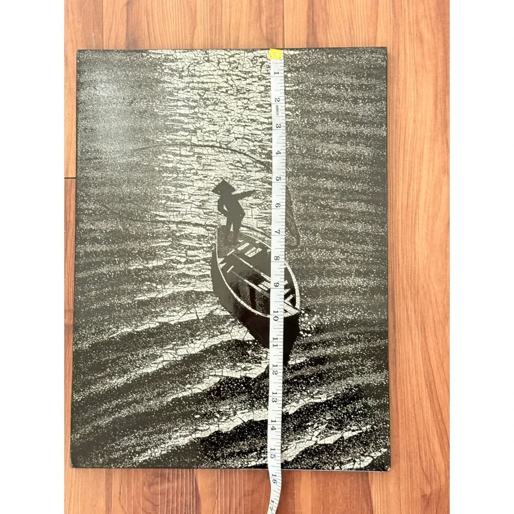 Vintage Vietnamese Lacquer Wall Art Black‎ White Fisherman Boat Crackle